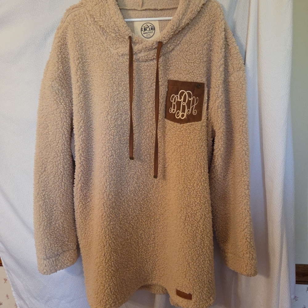 Warm Beige Sherpa Hoodie with Mongrammed Pocket BBA Pocket